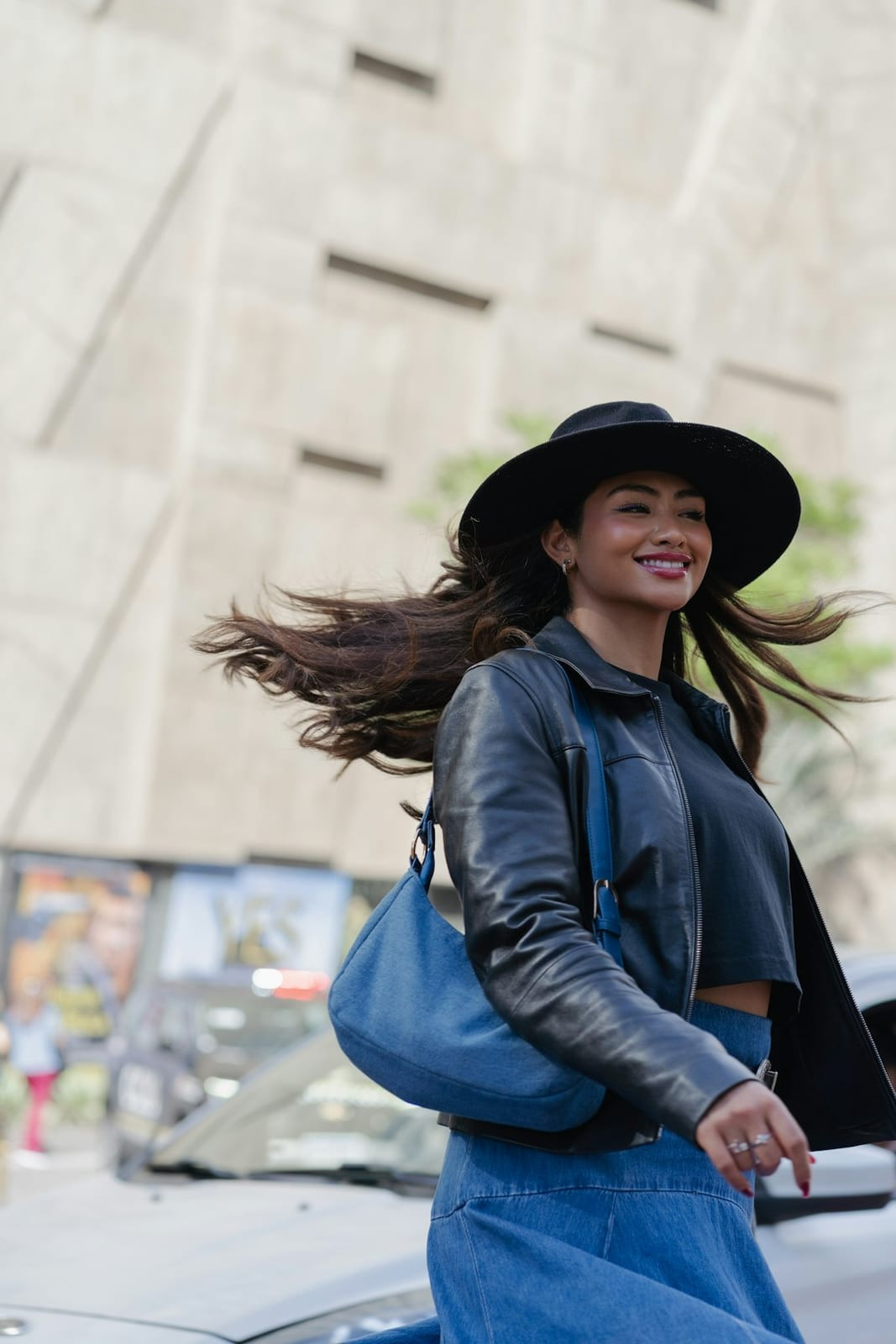 Blue Denim Hobo Bag with Leather Jacket and Mini Skirt — Hobo Bag Outfits