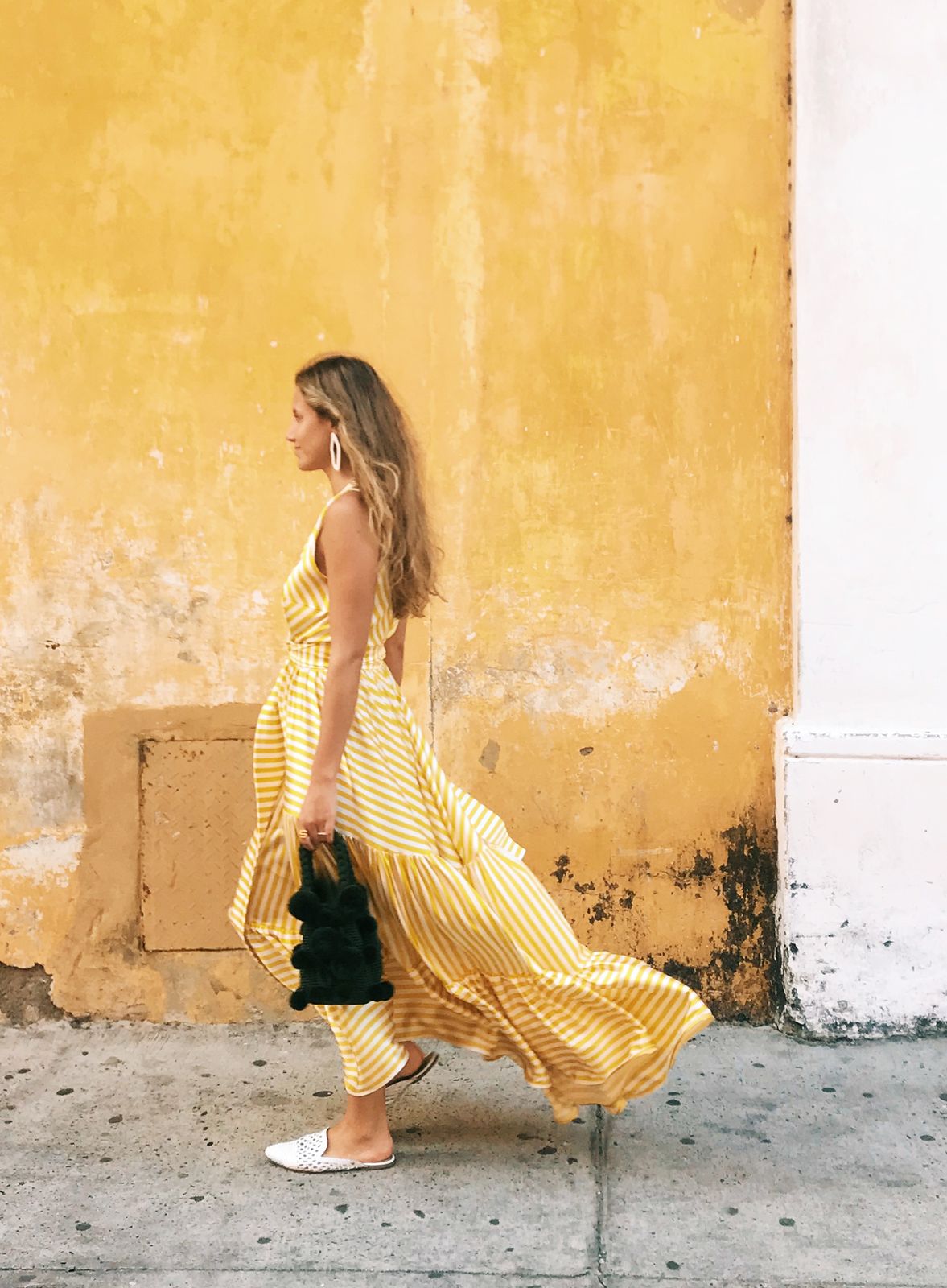 Sunny Stripes: Yellow and White Maxi Dress with Pom-Pom Bag — Cartagena Outfits