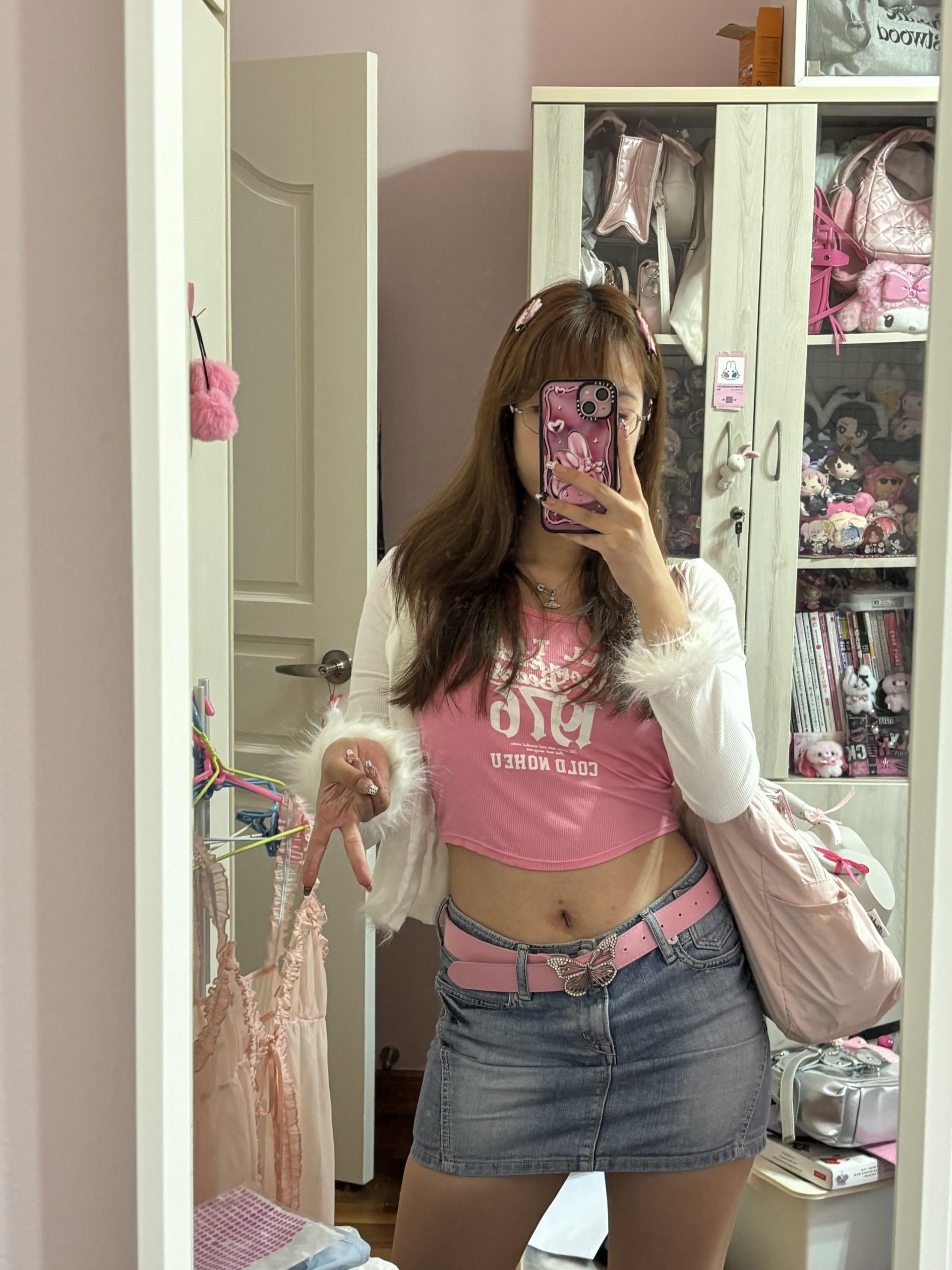 Fur-Trimmed Cardigan and Graphic Tank: Denim Mini Combo Fur-Trimmed Cardigan and Graphic Tank: Denim Mini Combo — McBling Outfits