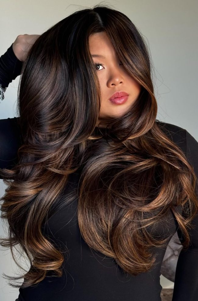 Voluminous Blowout With Warm Caramel — Caramel Balayage