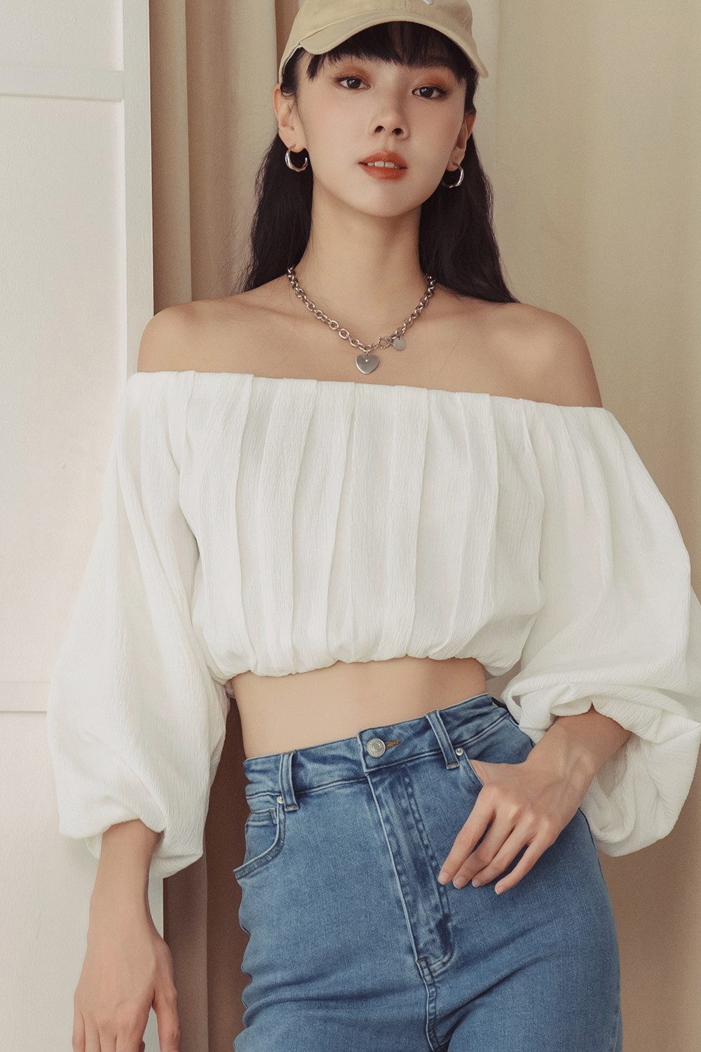 White Textured Off-the-Shoulder Puff Sleeve Top with Jeans — Off the Shoulder Tops