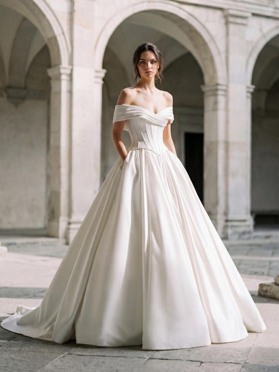Elegant Ivory Off-Shoulder Ball Gown with Corset Bodice Elegant Ivory Off-Shoulder Ball Gown with Corset Bodice — Ball Gowns