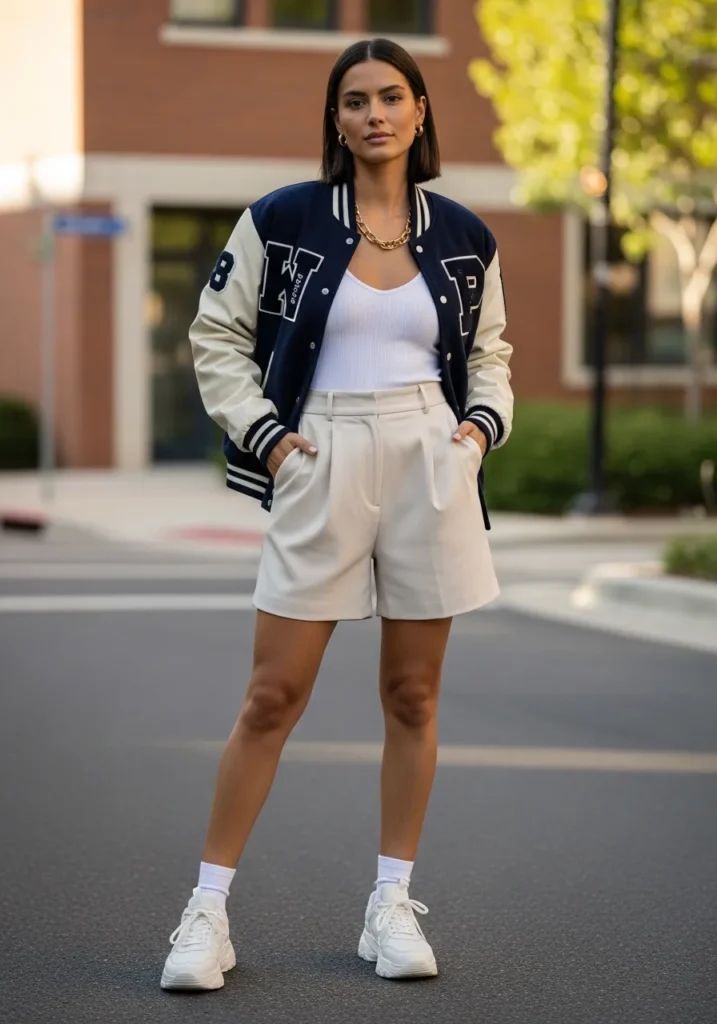 Preppy Varsity Jacket with Shorts and Sneakers Preppy Varsity Jacket with Shorts and Sneakers — Varsity Jacket Outfits
