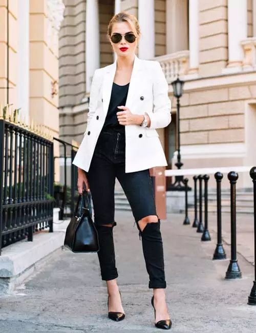 Smart Casual Edge: Ripped Black Jeans with White Blazer Smart Casual Edge: Ripped Black Jeans with White Blazer — Black Jeans Outfits