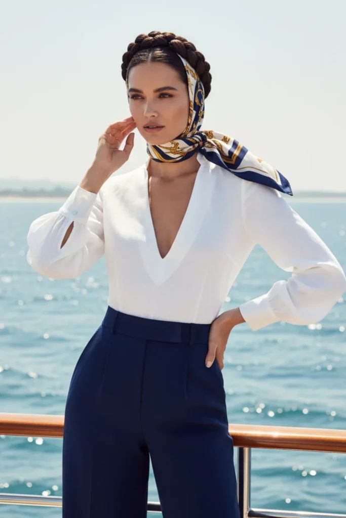 Ivory Silk Blouse and Navy Trousers for a Polished Boat Look Ivory Silk Blouse and Navy Trousers for a Polished Boat Look — Boat Outfits