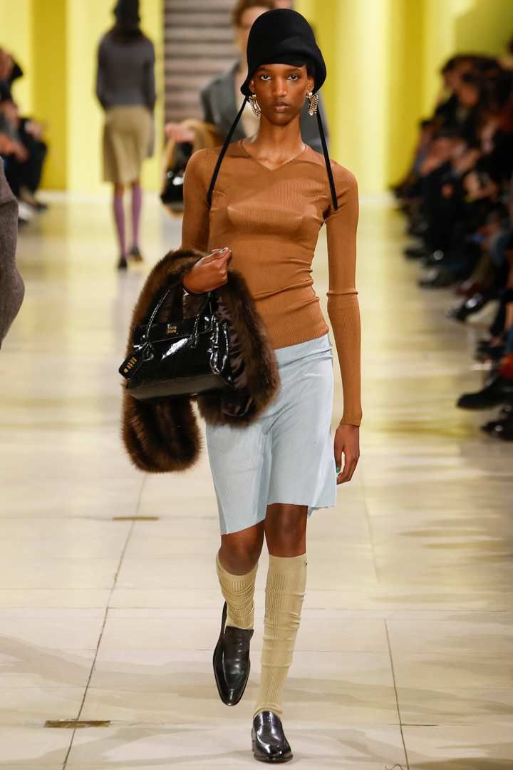 Miu Miu Brown Knit Top with Fur Stole and Light Blue Shorts — Miu Miu Outfits