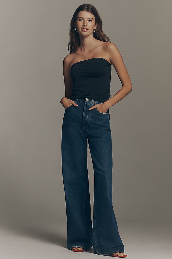 Black Jersey Tube Top with Dark Wash Wide-Leg Jeans Black Jersey Tube Top with Dark Wash Wide-Leg Jeans — Tube Top Outfits