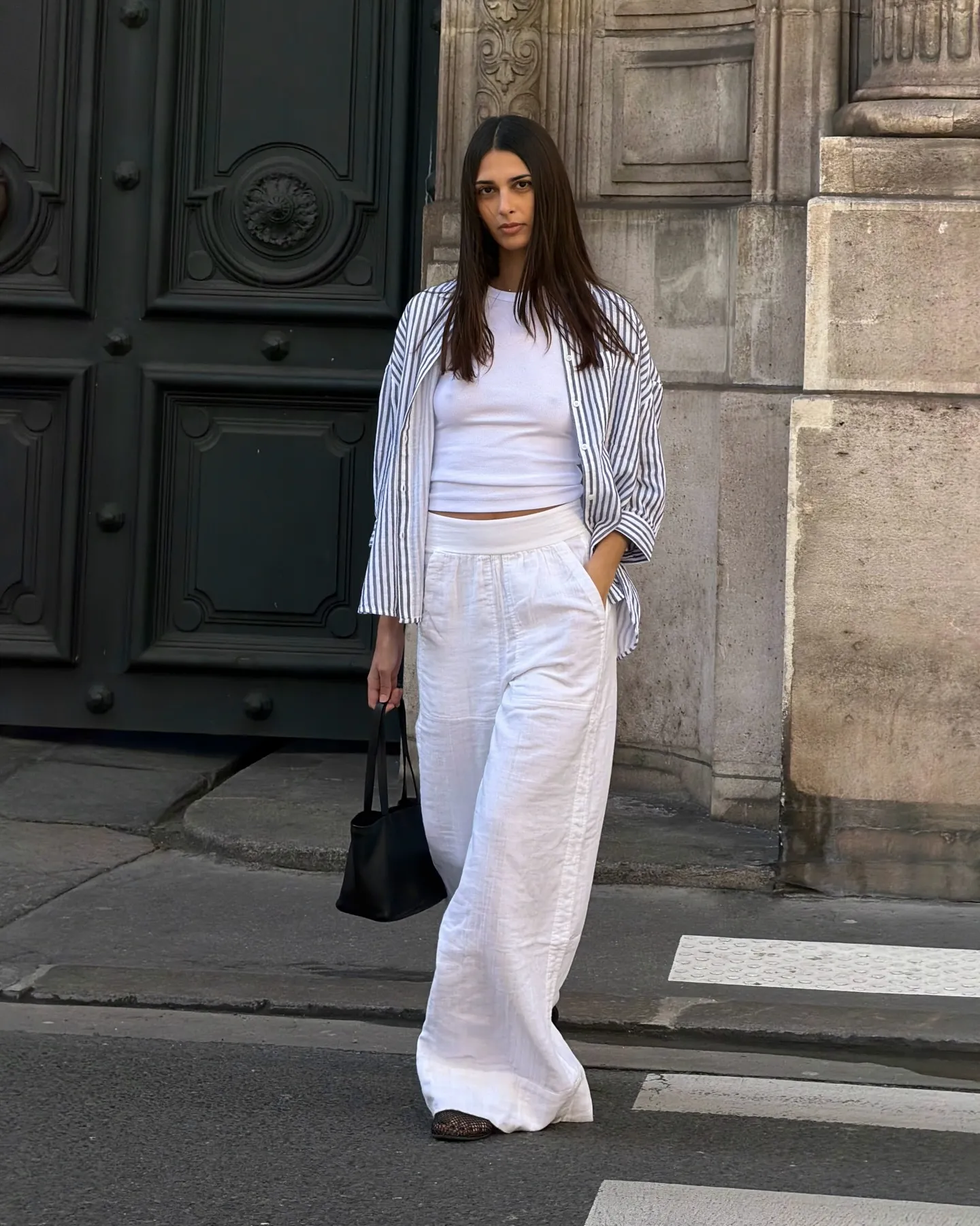 Casual Summer Summer White Wide Leg Pants with Striped Shirt — Wide Leg Pants Outfits