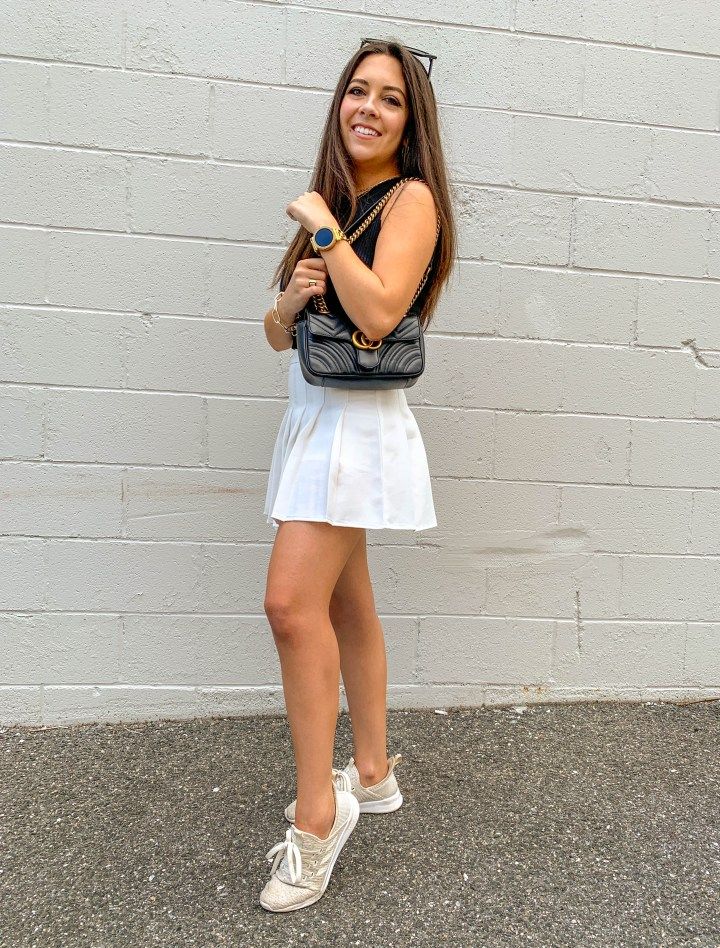 Gold Accents: Black Top and White Tennis Skirt — Tennis Skirts