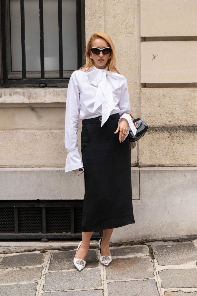 Black Pencil Skirt with Oversized Bow-Neck Blouse — Pencil Skirt Outfits