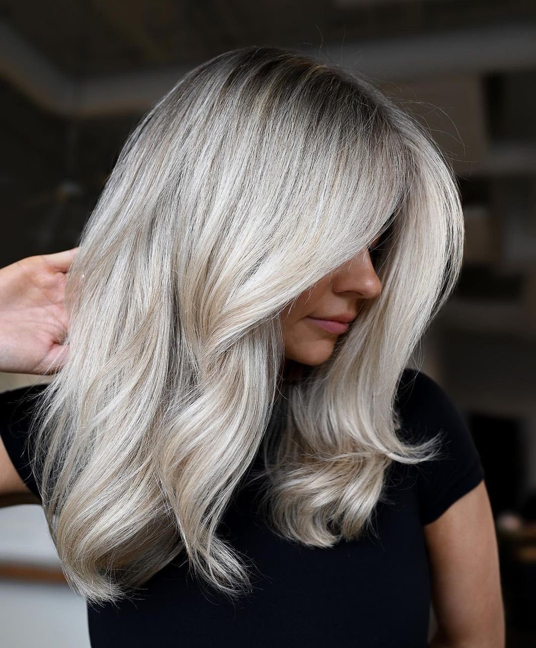 Long Layered Blowout With Ash Tones — Platinum Blonde