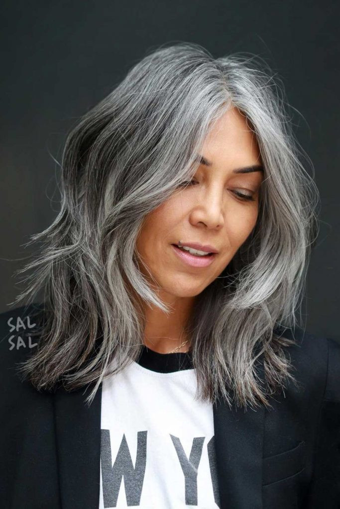 Long Shag With Silver Grey Blend — Natural Hairstyles Over 50