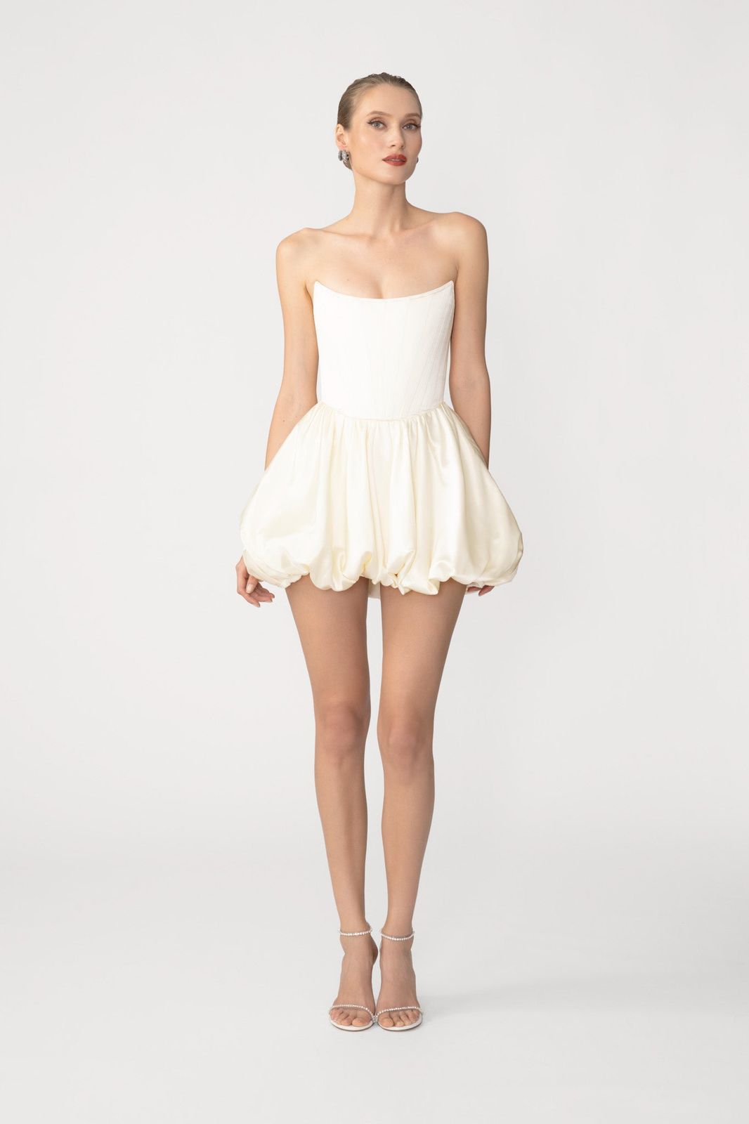 Cocktail Hour: Ivory Satin Corset Mini Dress with Bubble Hem Cocktail Hour: Ivory Satin Corset Mini Dress with Bubble Hem — Corset Dress Outfits