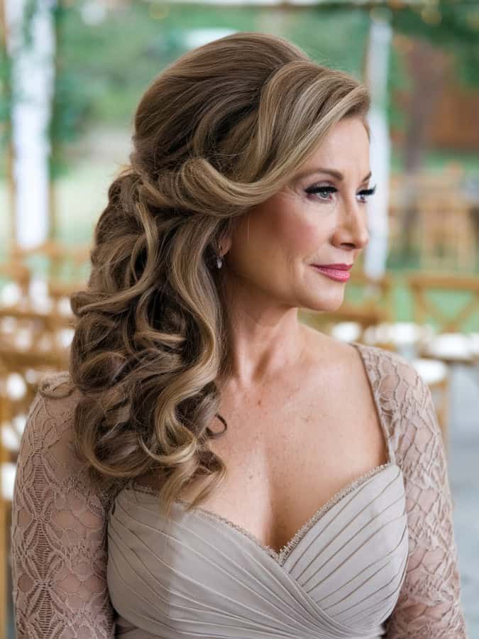 Light Brown Loose Curls Swept to Side — Mother of the Groom Hairstyles