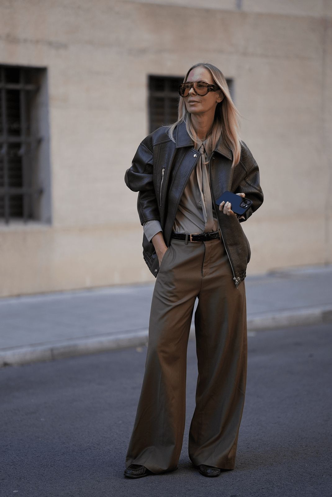 Leather Jacket with Satin Blouse and Olive Green Palazzo Pants Leather Jacket with Satin Blouse and Olive Green Palazzo Pants — Palazzo Pants Outfits