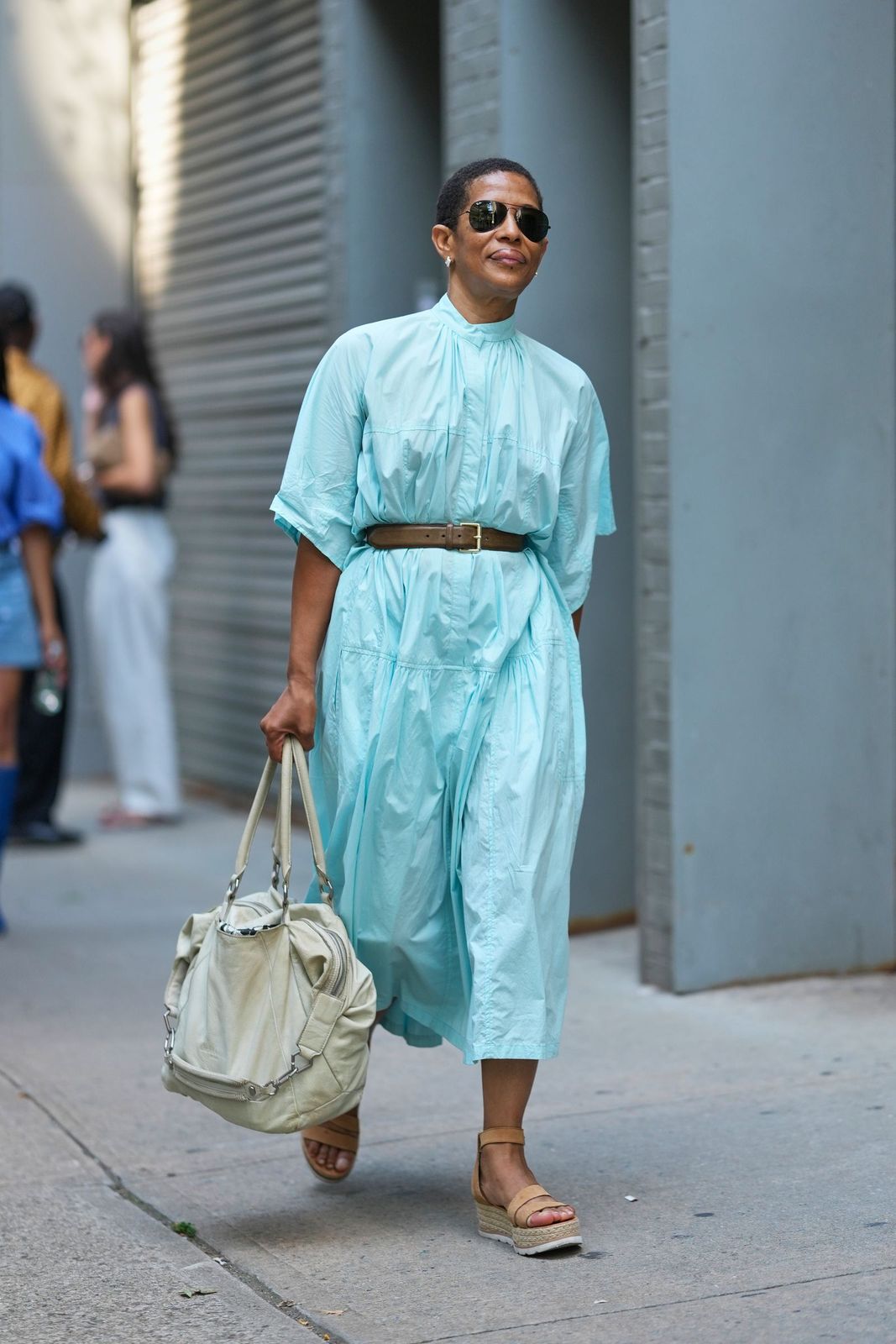 Light Blue Tiered Midi Dress with Belt and Tan Espadrille Wedges — Midi Dress Outfits
