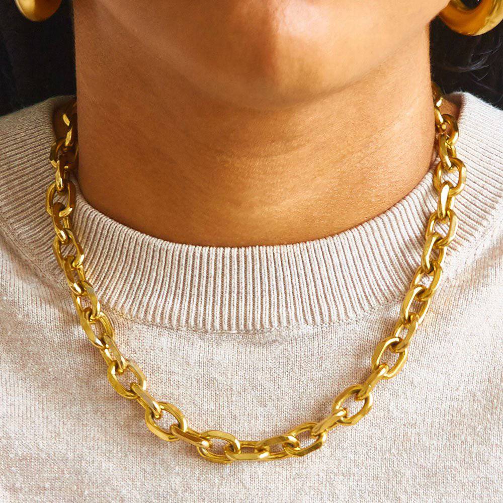 Beige Knit Sweater with Chunky Gold Chain and Hoops Beige Knit Sweater with Chunky Gold Chain and Hoops — Chunky Jewelry