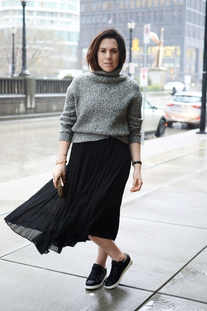 Cozy Knit Sweater with Pleated Midi Skirt — Vancouver Outfits