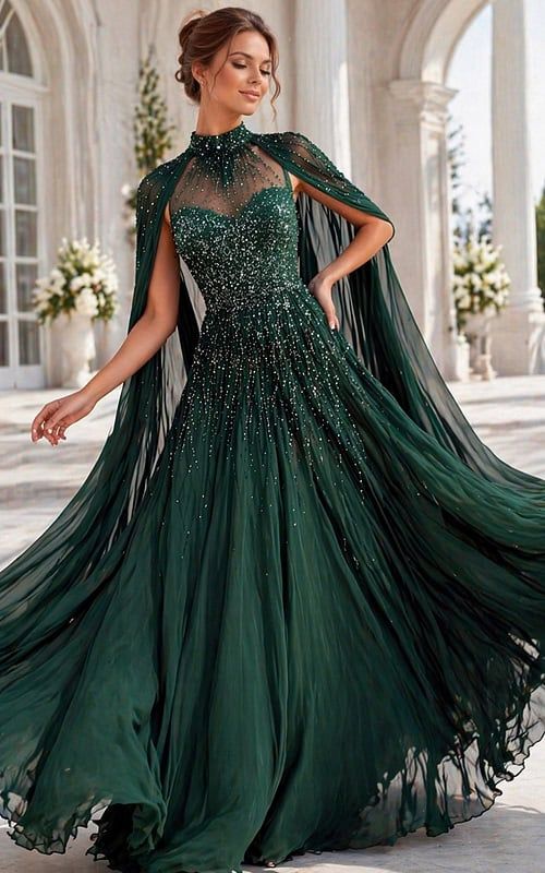 Party Emerald Green Sequined Gown with Flowing Chiffon Cape — Party Dresses