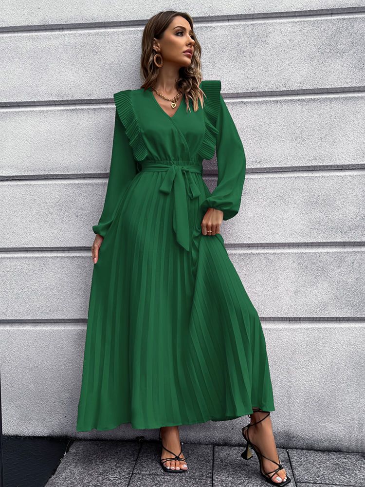 Emerald Green Pleated Maxi Dress with Ruffled Neckline Emerald Green Pleated Maxi Dress with Ruffled Neckline — Church Dresses