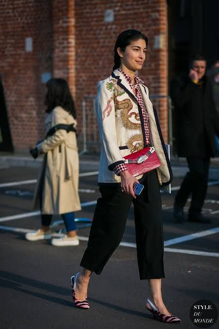 Embroidered Blazer and Polka Dot Shirt with Striped Slingbacks — Slingback Heels Outfits