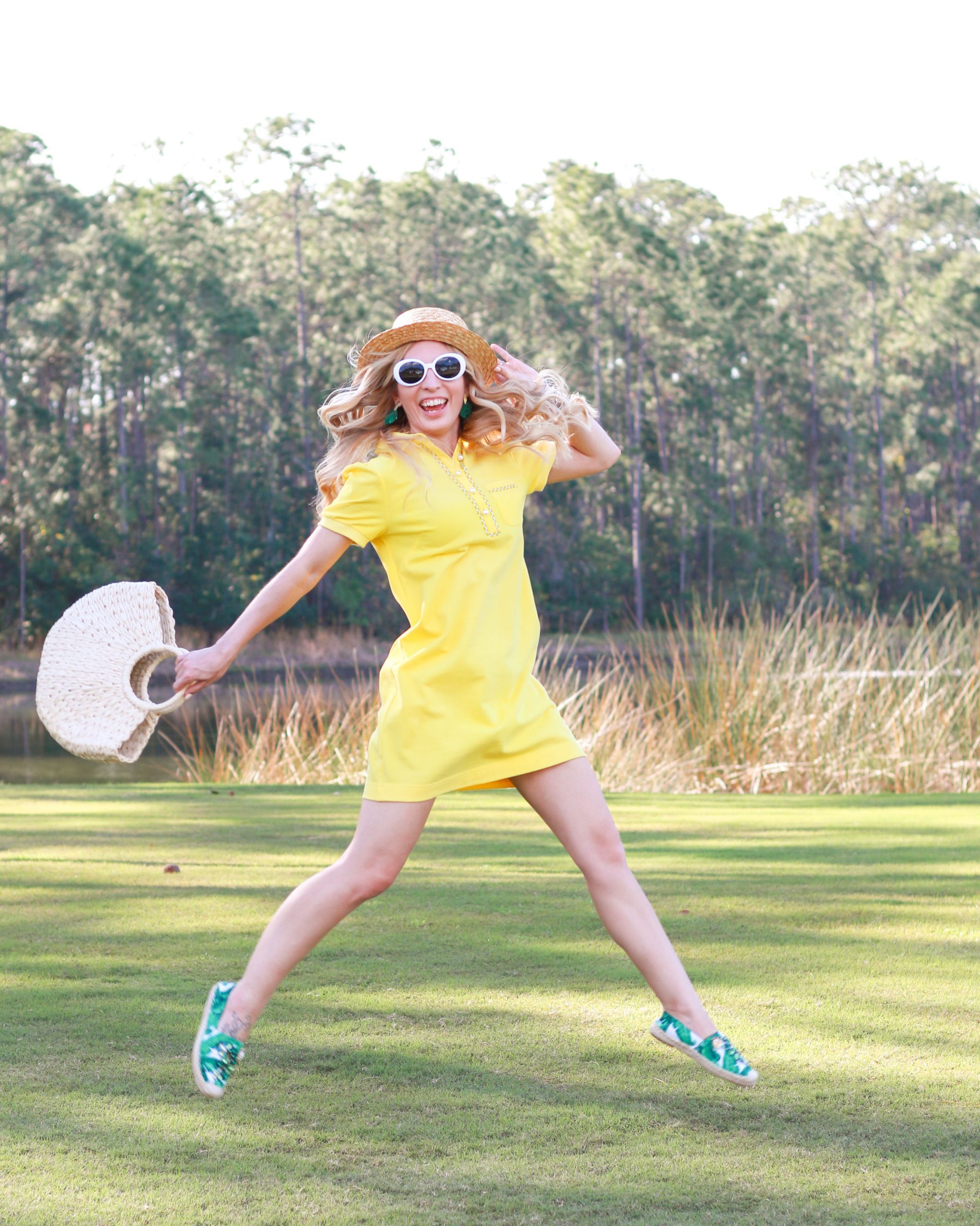 Playful Yellow Dress with Green Patterned Sneakers — Golf Tournament Outfits