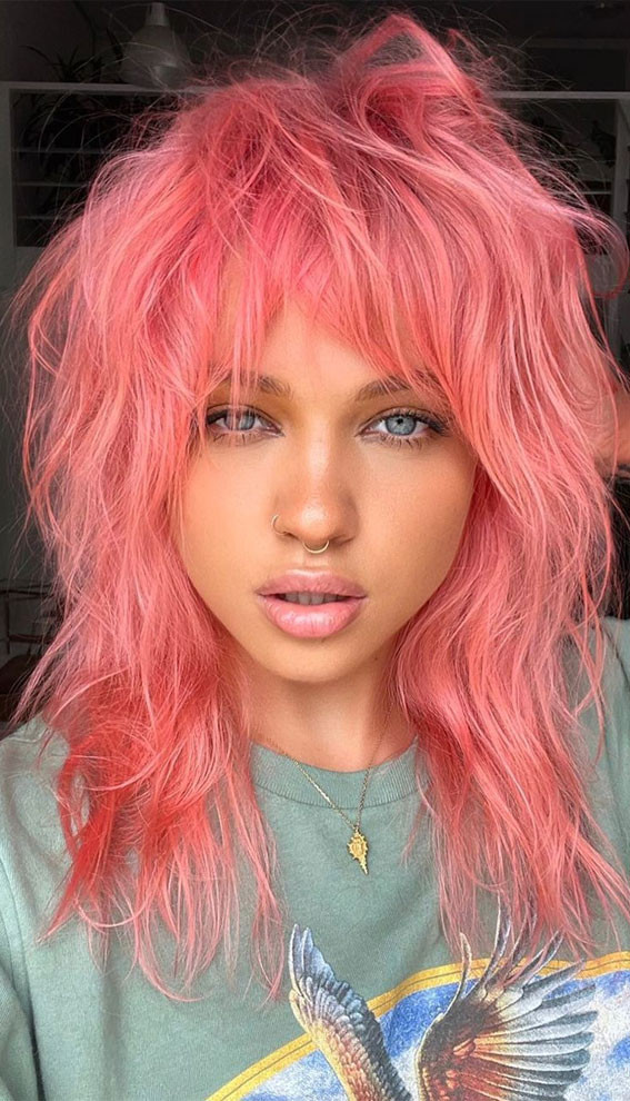 Coral Pink Shag With Wispy Bangs Coral Pink Shag With Wispy Bangs — Light Pink Hair
