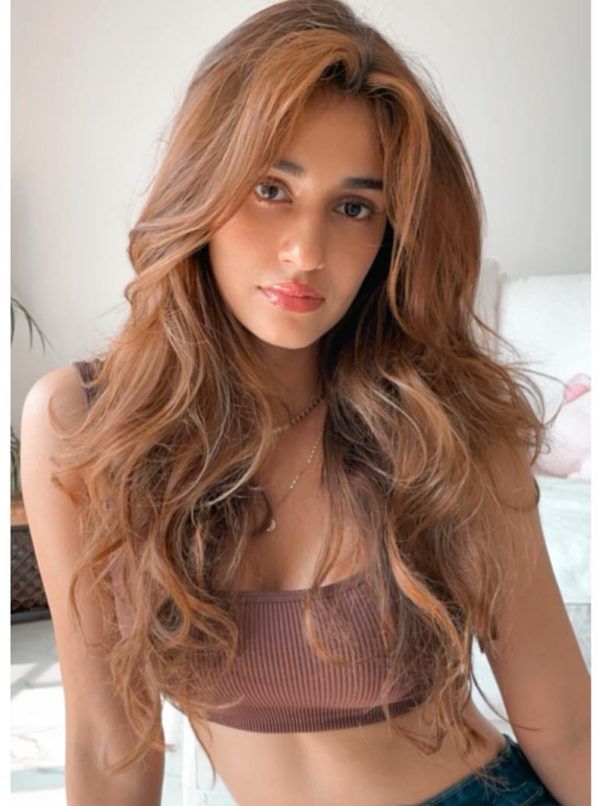 Brown Crop Top and Honey-Brown Hair Brown Crop Top and Honey-Brown Hair — Long Curtain Bangs