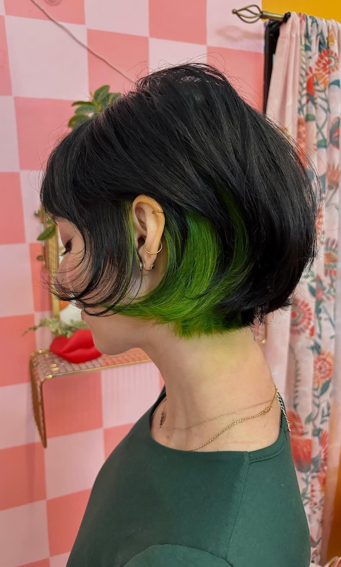 Ear To Chin Black Bob With Neon Green Underlayer Ear To Chin Black Bob With Neon Green Underlayer — Neon Green Hair