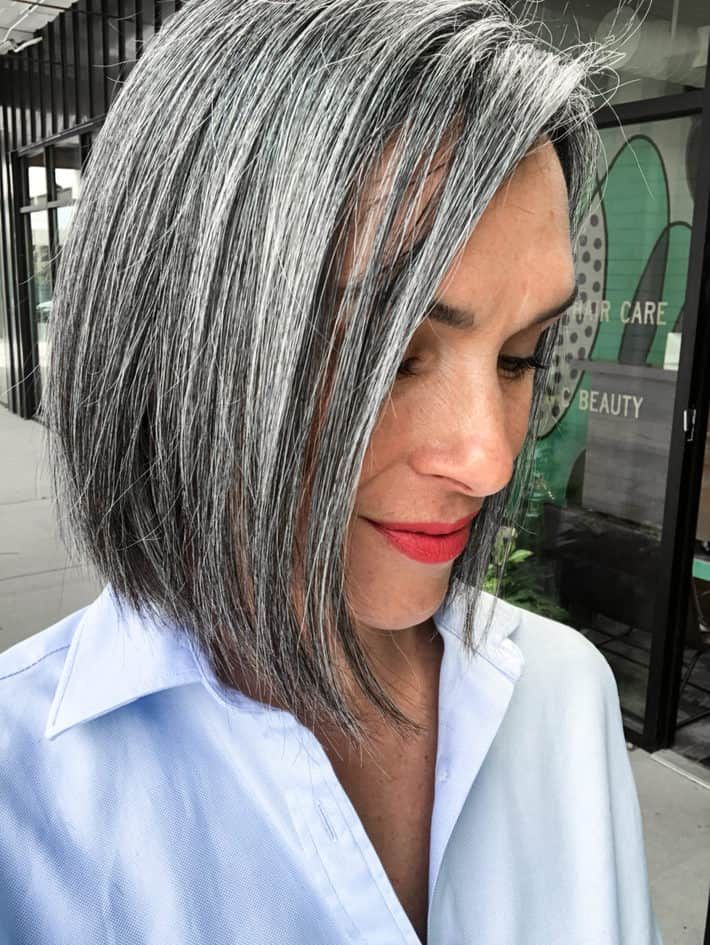 Sleek Chin-Length Grey Bob Sleek Chin-Length Grey Bob — Hair Color Ideas for Short Hair