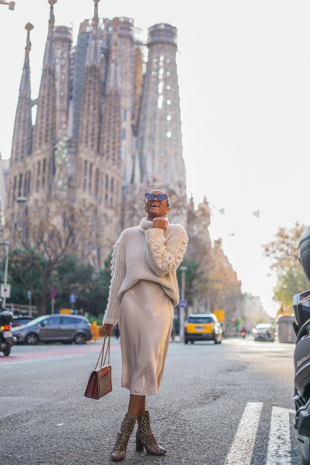 Cream Cable-Knit Sweater and Satin Skirt for Evening — Barcelona Outfits