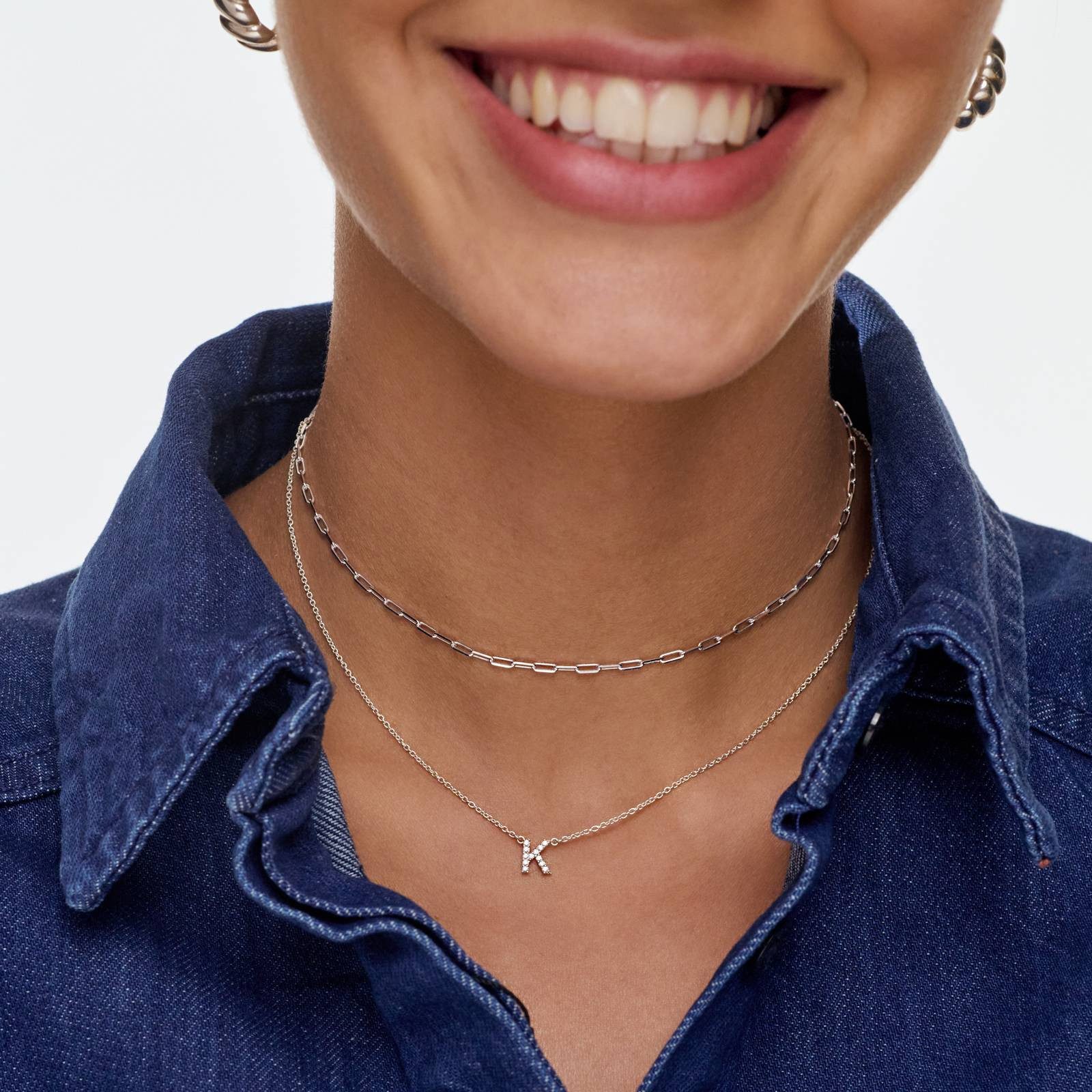 Layered Silver Initials with Diamonds on Denim Layered Silver Initials with Diamonds on Denim — Initial Necklaces
