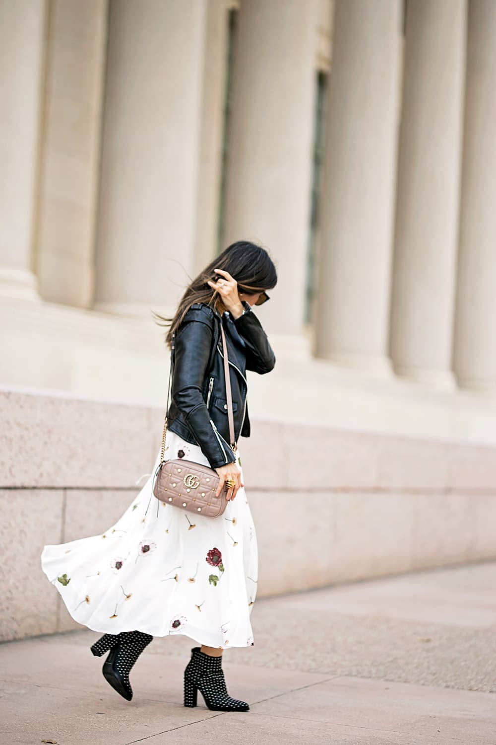 Transitional Weather: Red Floral Midi Dress with Leather Jacket Transitional Weather: Red Floral Midi Dress with Leather Jacket — Floral Dress Outfits