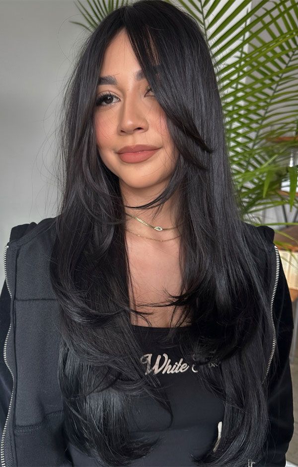 Sleek Black with Side-Swept Bangs — Hairstyles for Long Faces