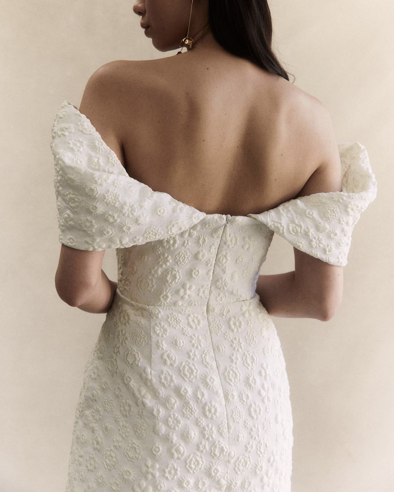 Off-the-Shoulder Wedding Dress with Textured Sleeves Off-the-Shoulder Wedding Dress with Textured Sleeves — Dresses for Broad Shoulders