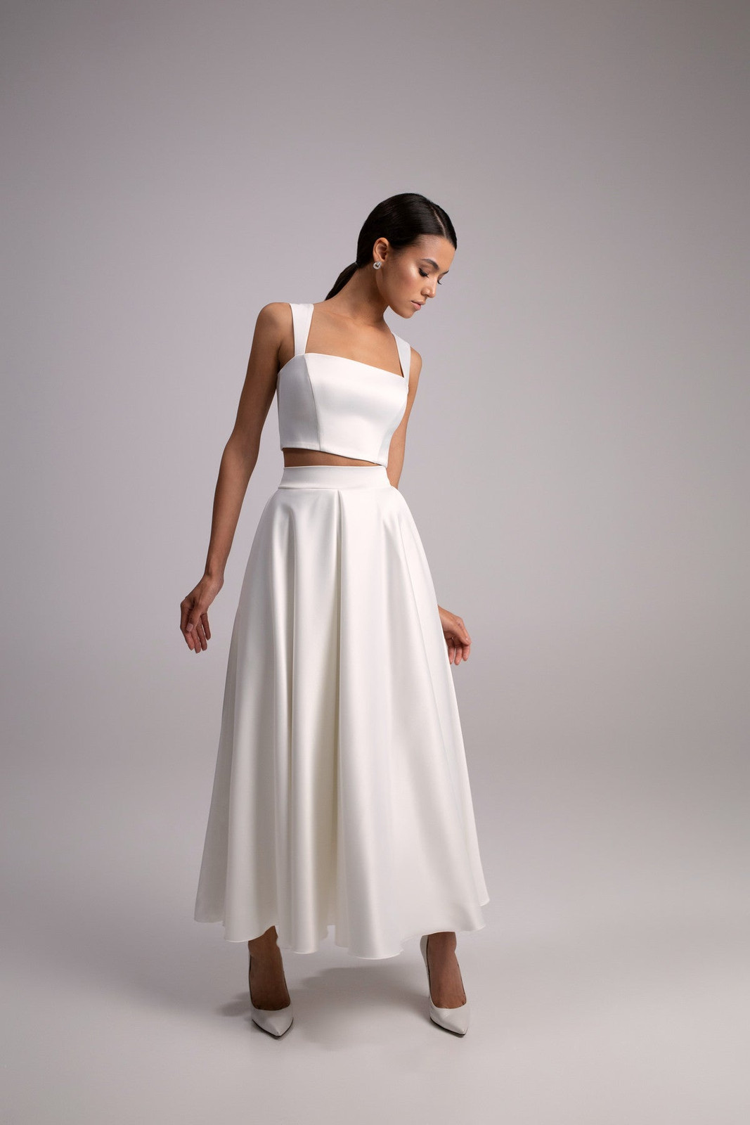Elegant White Satin A-Line Midi Skirt for Bridal — A Line Skirts