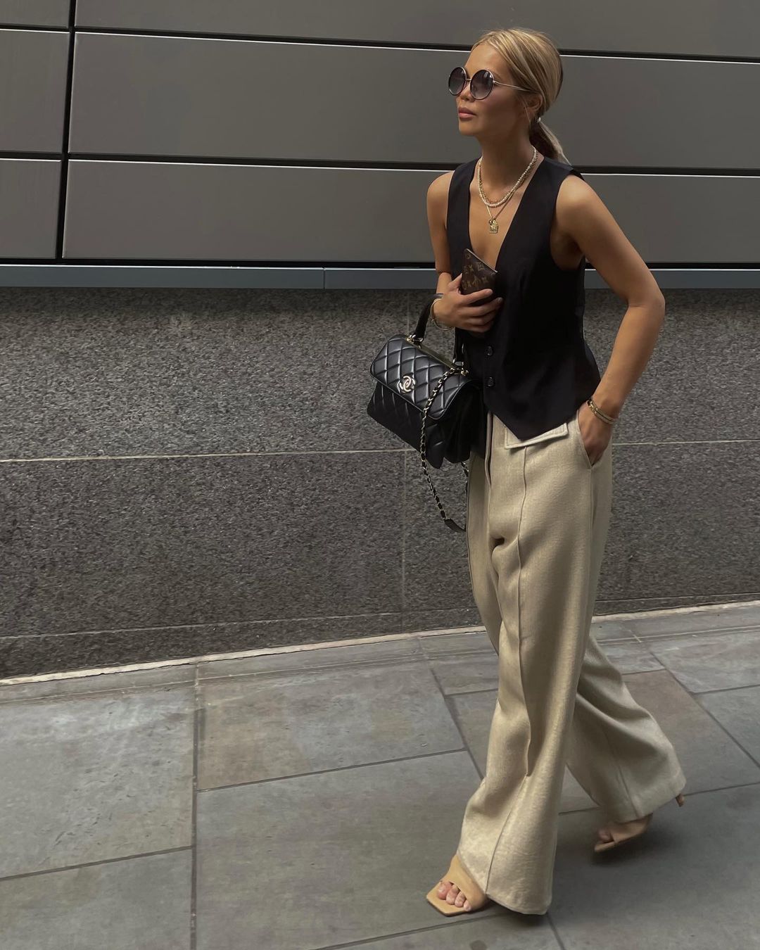 Chic Black Vest with Wide-Leg Trousers — Vest Outfits