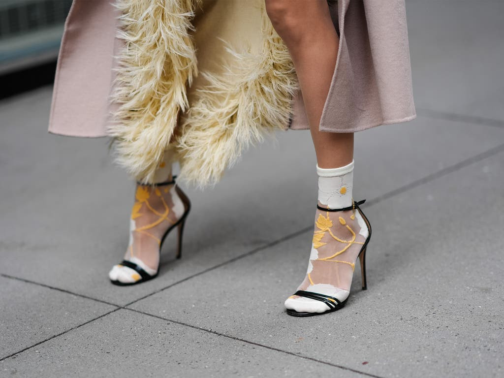 Sheer Floral Socks with Open-Toe Heels Sheer Floral Socks with Open-Toe Heels — Socks with Heels Outfits
