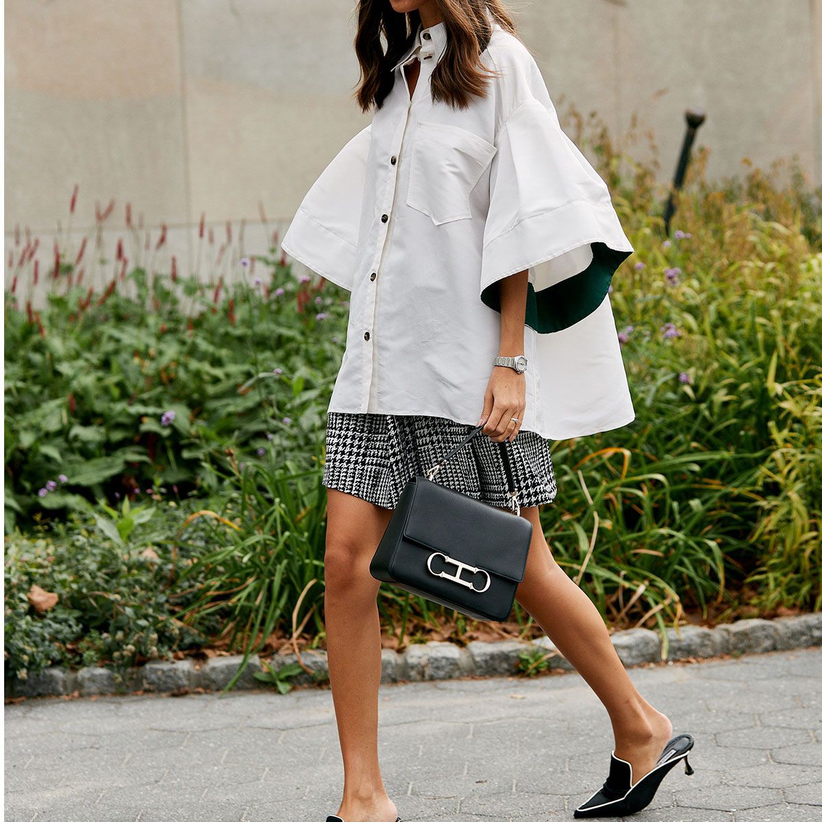 Oversized Shirt with Tweed Mini Shorts — Outfits for Long Torso