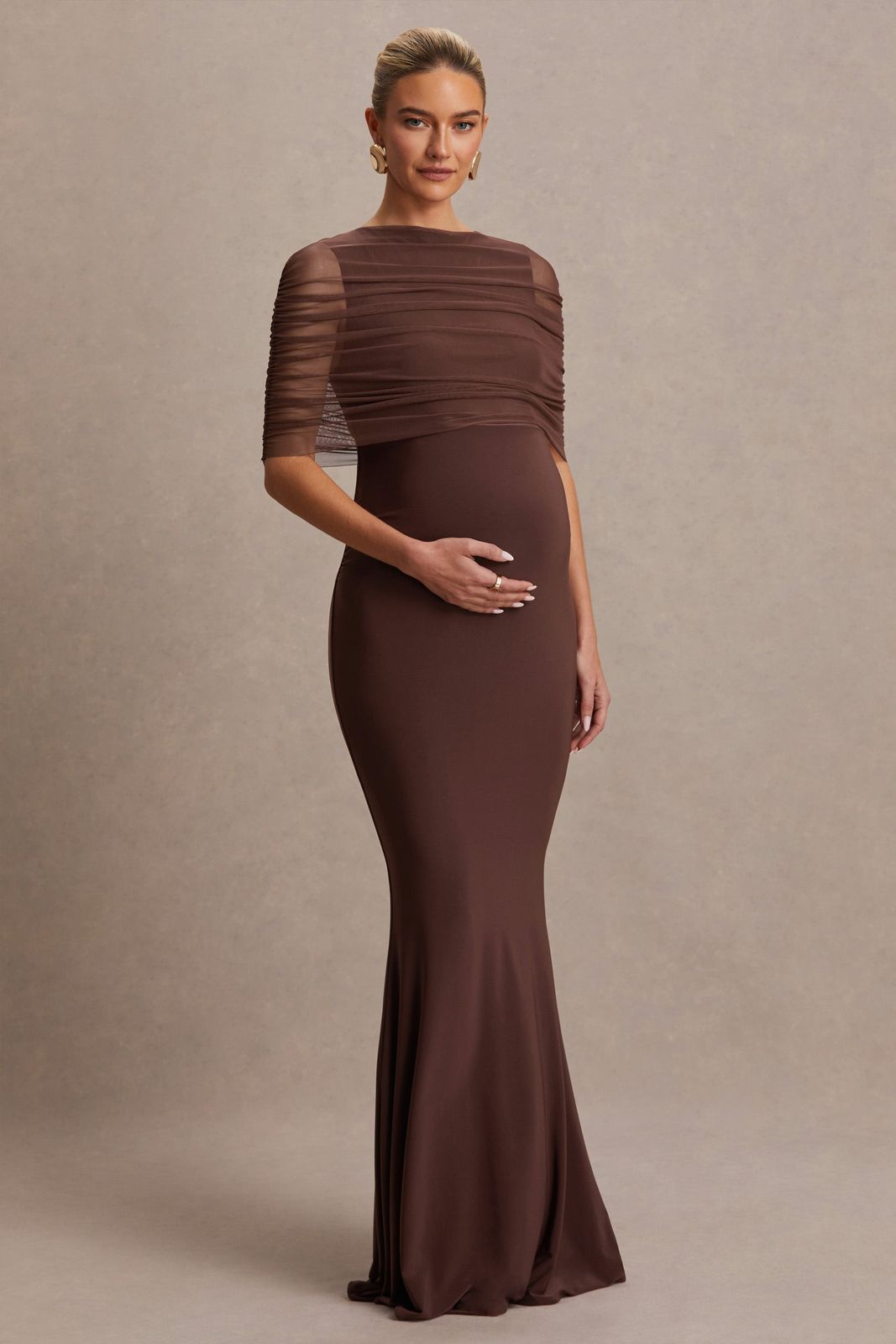 Zaria | Brown Crew-Neck Maternity Maxi Dress With Cape-Overlay - UK 14 Brown