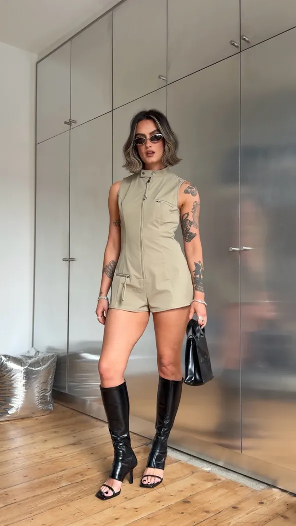 Khaki Zip-Up Romper with Knee-High Boots Khaki Zip-Up Romper with Knee-High Boots — Zara Outfits