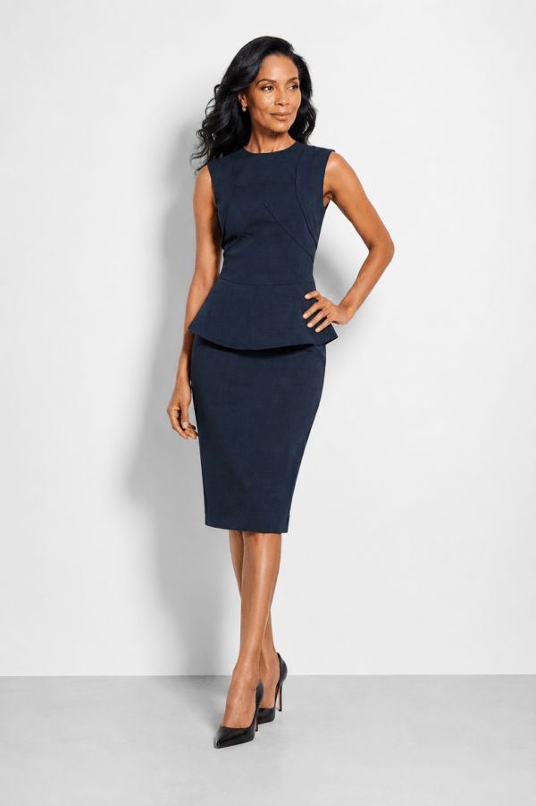 Navy Peplum Dress with Sheath Silhouette for Professional Hostess Navy Peplum Dress with Sheath Silhouette for Professional Hostess — Hostess Outfits