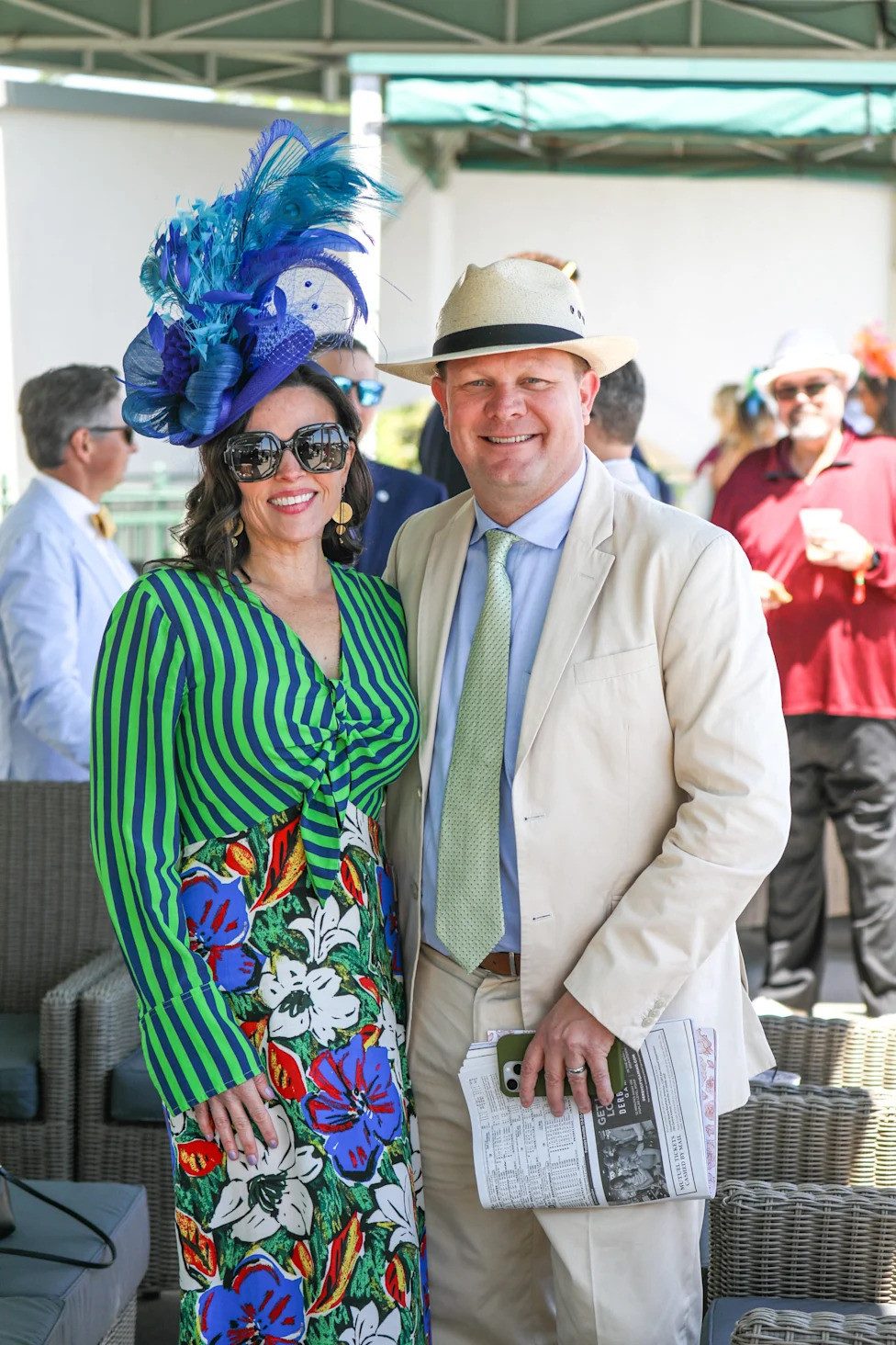 Striped Tie-Front Top with Floral Skirt and Feathered Fascinator — Kentucky Derby Outfits
