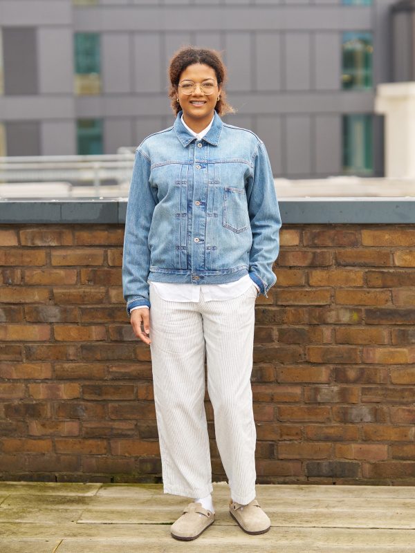 Classic Denim Jacket with White Shirt and Grey Clogs Classic Denim Jacket with White Shirt and Grey Clogs — Jean Jacket Outfits
