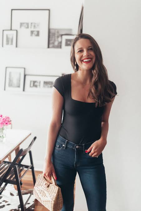Black Square Neck Bodysuit with Classic Denim — Bodysuit Outfits