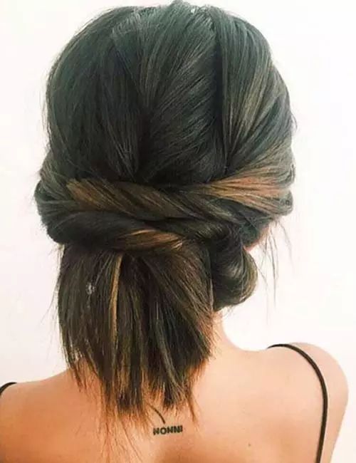 Dark Brown With Subtle Highlights Dark Brown Bob Intricate Twisted Updo Dark Brown With Subtle Highlights Dark Brown Bob Intricate Twisted Updo — Prom Hairstyles for Short Hair