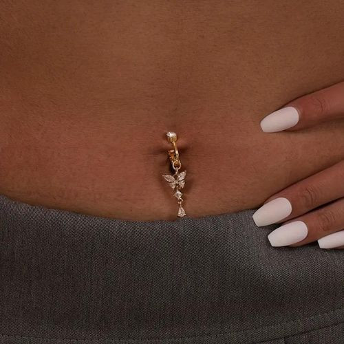 Casual Cool: Butterfly Charm Belly Ring with White Crop Top and Grey Trousers — Belly Button Piercing Ideas