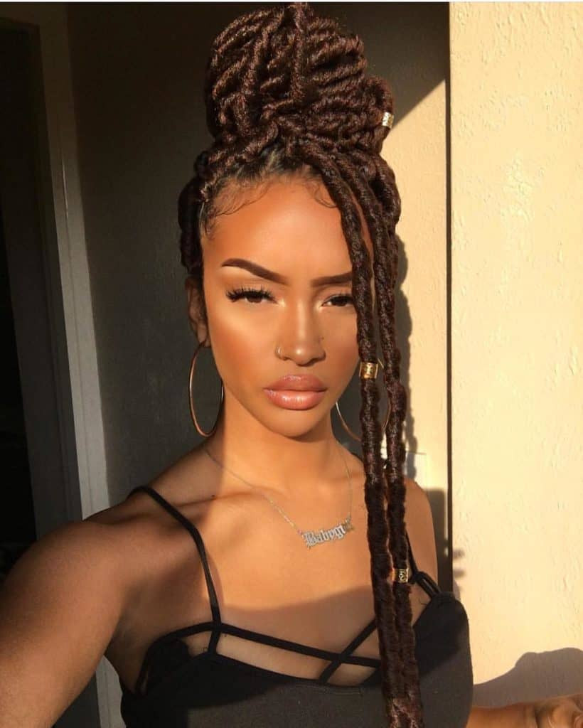 Dark Brown High Bun With Gold Beads — Distressed Locs