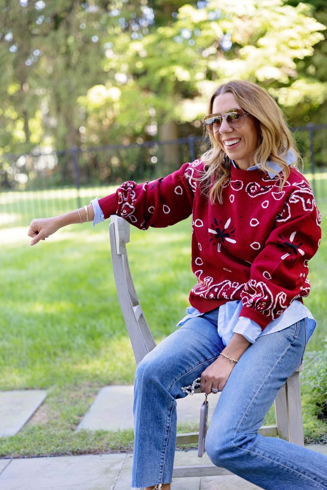 Unique Print: Bandana Sweater over a Button-Down Unique Print: Bandana Sweater over a Button-Down — Substitute Teacher Outfits