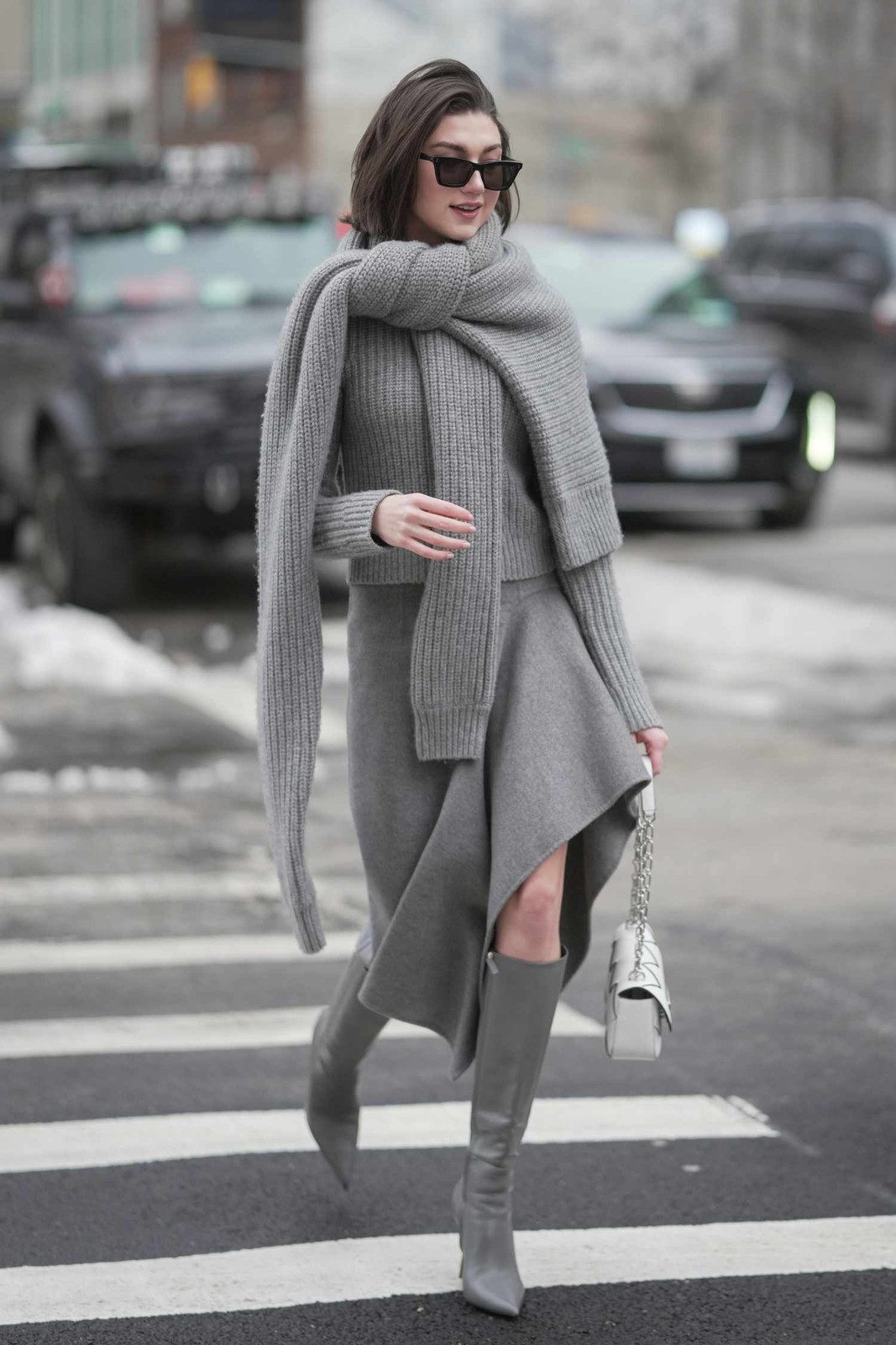 Chic Monochromatic Grey: Knit Sweater and Midi Skirt — That Girl Outfits